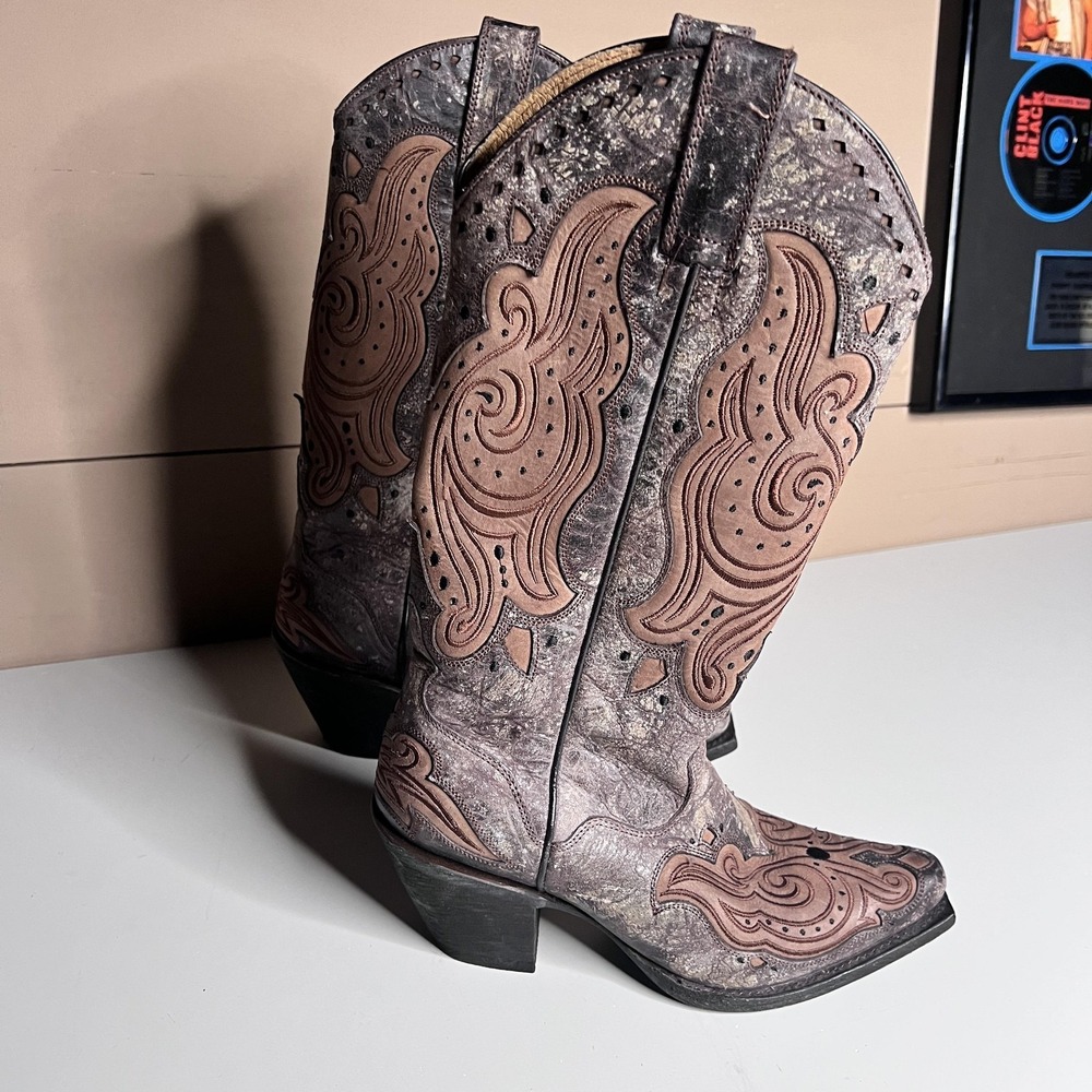J.B. Dillon Boots Womens 7 Brown Western Embroidered Paisley Square Toe JBW2602